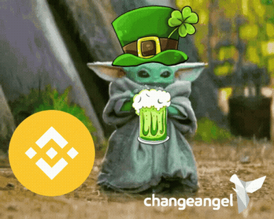 A Baby Yoda Wearing A Green Leprechaun Hat Holds A Beer In Front Of A Change Angel Logo GIF