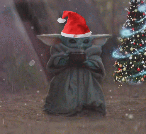 A Baby Yoda Wearing A Santa Hat Holding A Cup Of Coffee GIF