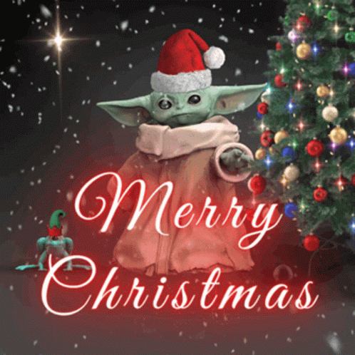 A Baby Yoda Wearing A Santa Hat Stands Next To A Christmas Tree And Says Merry Christmas GIF