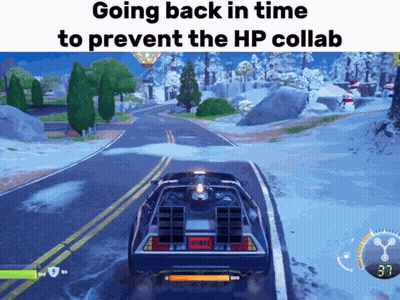 A Back To The Future Car Is Driving Down A Snowy Road With The Caption Going Back In Time To Prevent The Hp Collab GIF