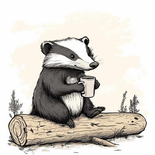 Badger Sitting On Log Holding Coffee Cup GIF