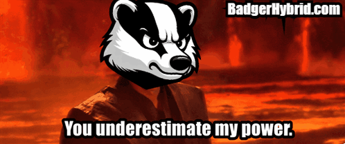 A Badger Says " You Underestimate My Power " In Front Of A Fire Background GIF