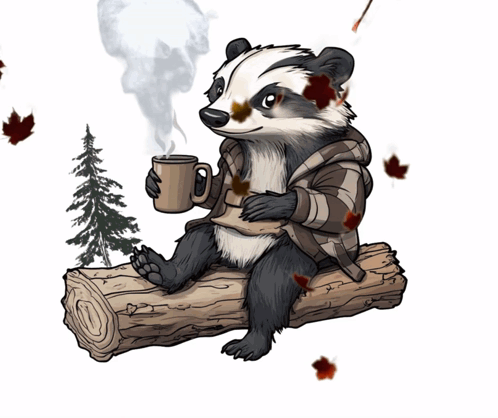 Badger Sitting On Log Holding Coffee Goo Text GIF