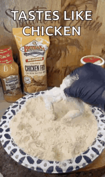 A Bag Of Louisiana Seasoned Chicken Fries Is Being Poured Into A Bowl Of Flour GIF
