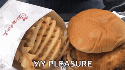 A Bag Of Waffle Fries Next To A Chick-Fil-A Sandwich With The Words My Pleasure GIF