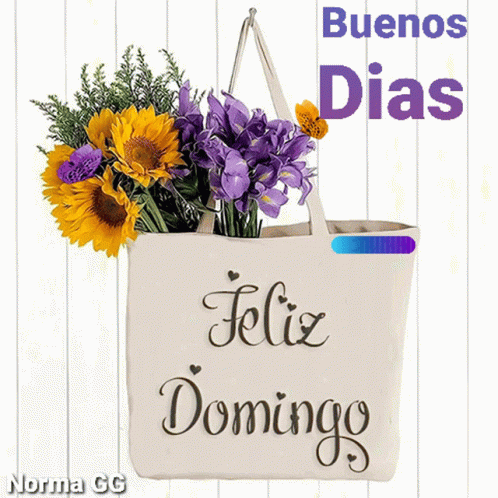 A Bag That Says Feliz Domingo Is Filled With Purple And Yellow Flowers GIF