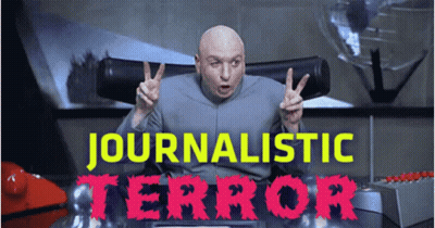 A Bald Man Giving A Peace Sign In Front Of A Sign That Says ' Journalismic Terror ' GIF