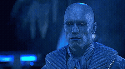 A Bald Man In A Blue Suit With The Words `` You Lie !!! '' Written On His Face . GIF