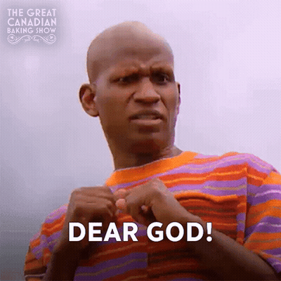 A Bald Man In A Striped Shirt Is Making A Funny Face And Says `` Dear God '' . GIF