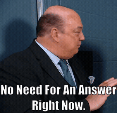 A Bald Man In A Suit And Tie Says " No Need For An Answer Right Now .. " GIF