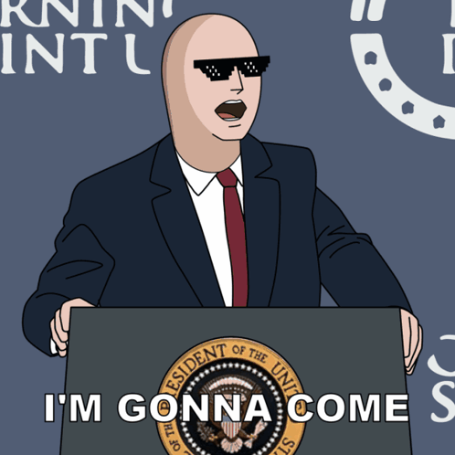 A Bald Man In A Suit And Tie Stands At A Podium With The Words " I 'M Gonna Come " On It GIF