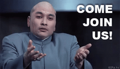 A Bald Man In A Suit Is Pointing At The Camera With The Words Come Join Us Written Above Him . GIF
