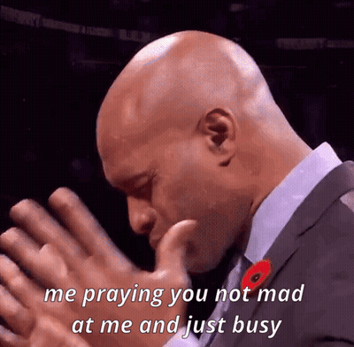 A Bald Man In A Suit Praying With The Words " Me Praying You Not Mad At Me And Just Busy " GIF