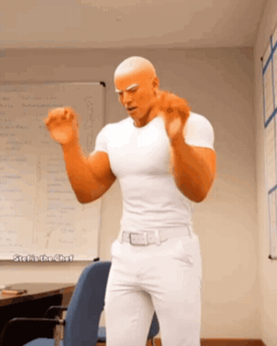 A Bald Man In A White Shirt And White Pants Is Standing In Front Of A White Board That Says " Stella The Chef " On It GIF