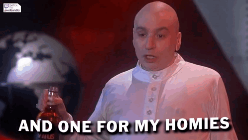 A Bald Man In A White Shirt Is Holding A Bottle Of Whiskey And Says `` And One For My Homies '' . GIF