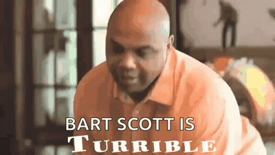 A Bald Man In An Orange Shirt With The Words Bart Scott Is Turrible On The Bottom GIF