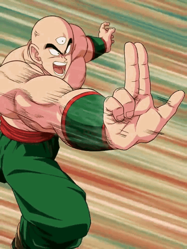 A Bald Man In Green Pants Is Making A Peace Sign With His Hand GIF
