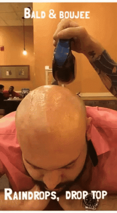 A Bald Man Is Getting A Haircut With The Words Bald & Boujee Raindrops Drop Top At The Bottom GIF