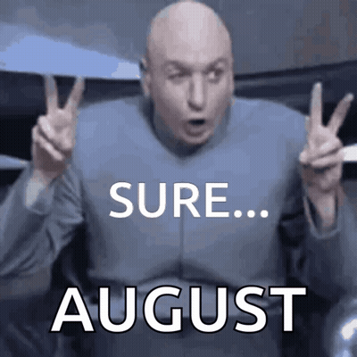 A Bald Man Is Giving A Peace Sign With The Words Sure August Behind Him GIF