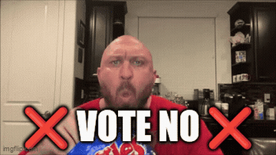 A Bald Man Is Holding A Bag Of Chips And Says Vote No GIF