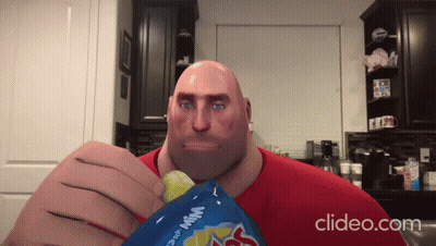 A Bald Man Is Holding A Bag Of Chips That Says Win The Game On It GIF