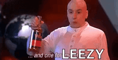 A Bald Man Is Holding A Bottle Of Coke And Says `` And One For Leezy '' . GIF