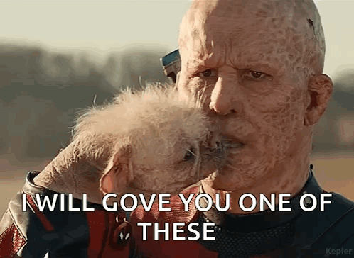 A Bald Man Is Holding A Small Dog And Says " I Will Gove You One Of These " GIF