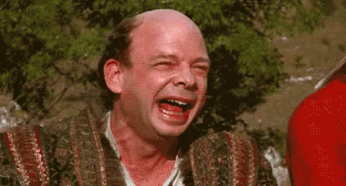 A Bald Man Is Laughing While Holding A Snake In His Hand . GIF
