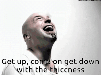 A Bald Man Is Laughing With The Words Get Up Come On Get Down With The Thickness Below Him GIF