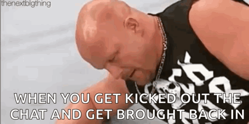 A Bald Man Is Laying On The Ground With The Words `` When You Get Kicked Out The Chat And Get Brought Back In '' GIF