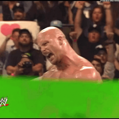 A Bald Man Is Screaming In Front Of A Crowd At A Wrestling Match .. GIF
