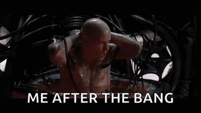 A Bald Man Is Sitting In A Bathtub With Blood Coming Out Of His Head And Says `` Me After The Bang '' . GIF