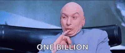 A Bald Man Is Sitting In A Chair With His Finger In His Mouth And The Words `` One Billion '' Above Him . GIF