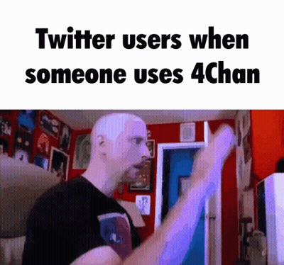 A Bald Man Is Standing In A Room With The Words Twitter Users When Someone Uses 4Chan On The Bottom GIF