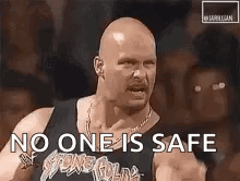 A Bald Man Is Standing In Front Of A Crowd And Saying No One Is Safe . GIF