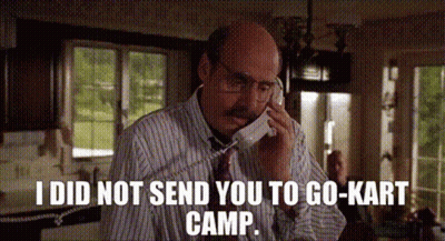 A Bald Man Is Talking On A Cell Phone And Says I Did Not Send You To Go-Kart Camp GIF