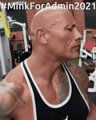 A Bald Man Wearing A Black And White Tank Top In A Gym With #Minkforadmin2021 Written Above Him GIF