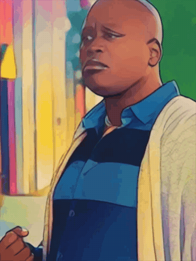 A Bald Man Wearing A Blue And Black Striped Shirt And A White Sweater GIF