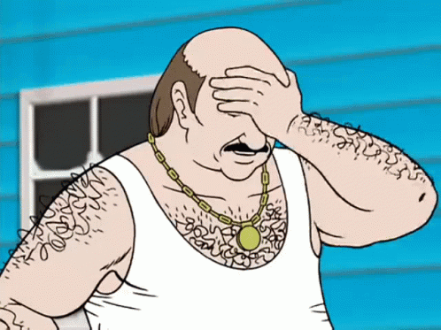 A Bald Man Wearing A Necklace And A White Tank Top Is Covering His Face GIF