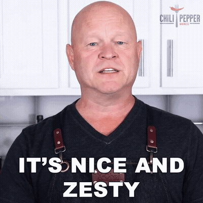 A Bald Man Wearing An Apron Says " It 'S Nice And Zesty " GIF