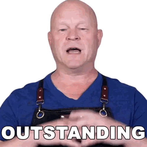 A Bald Man Wearing An Apron Says Outstanding In White Letters Sticker