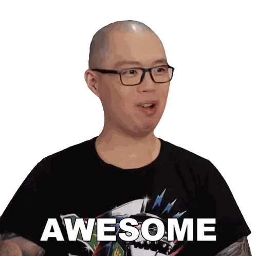 A Bald Man Wearing Glasses And A Black Shirt That Says Awesome GIF