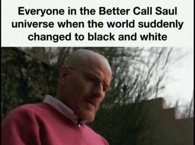 A Bald Man Wearing Glasses And A Pink Sweater With The Caption Everyone In The Better Call Saul Universe GIF