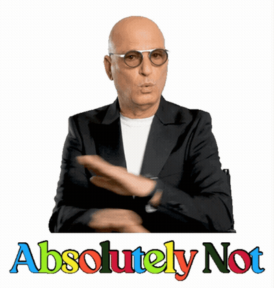 A Bald Man Wearing Glasses And A Suit Says " Absolutely Not " In Colorful Letters GIF