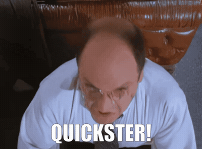 A Bald Man Wearing Glasses And A White Shirt Says " Quickster " GIF