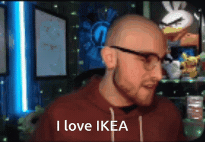 A Bald Man Wearing Glasses Says " I Love Ikea " GIF