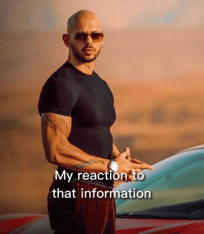 A Bald Man Wearing Sunglasses And A Black Shirt Stands In Front Of A Car With The Words " My Reaction To That Informatio GIF