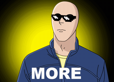 A Bald Man Wearing Sunglasses And A Blue Jacket With The Word More On It GIF