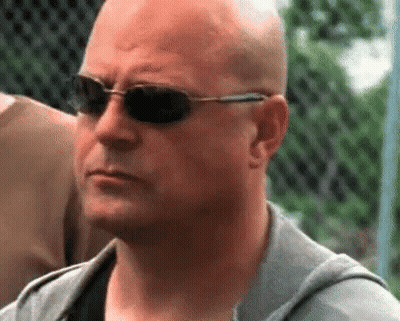 A Bald Man Wearing Sunglasses And A Gray Hoodie Is Looking At The Camera . GIF