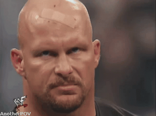 A Bald Man With A Bandage On His Forehead Looks At The Camera With Anotherpov Written Below Him GIF